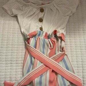 Paper Doll White Ribbed top/striped bottom romper